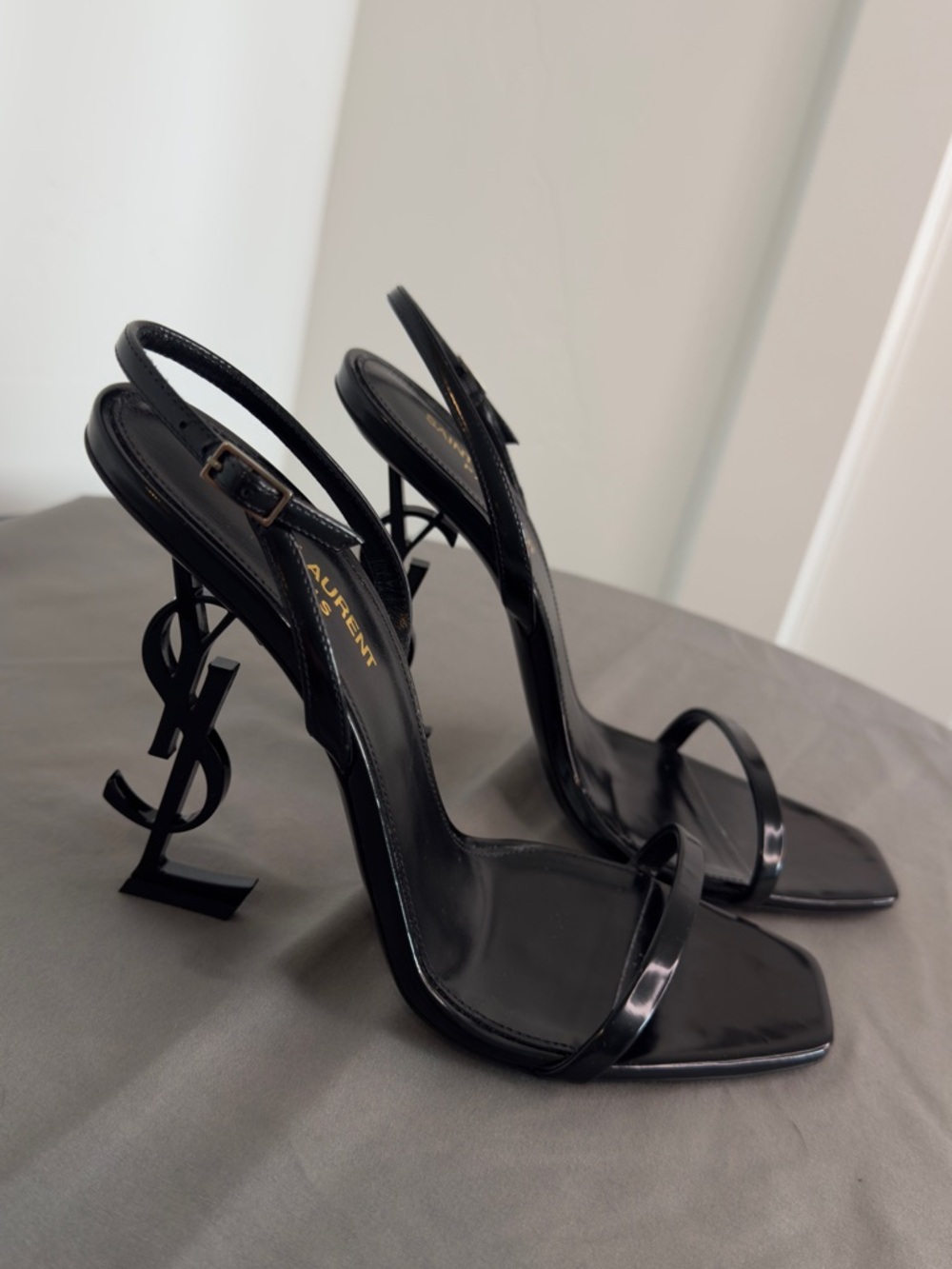 Saint Laurent Black Patent Monogram-Heel Slingback Sandals